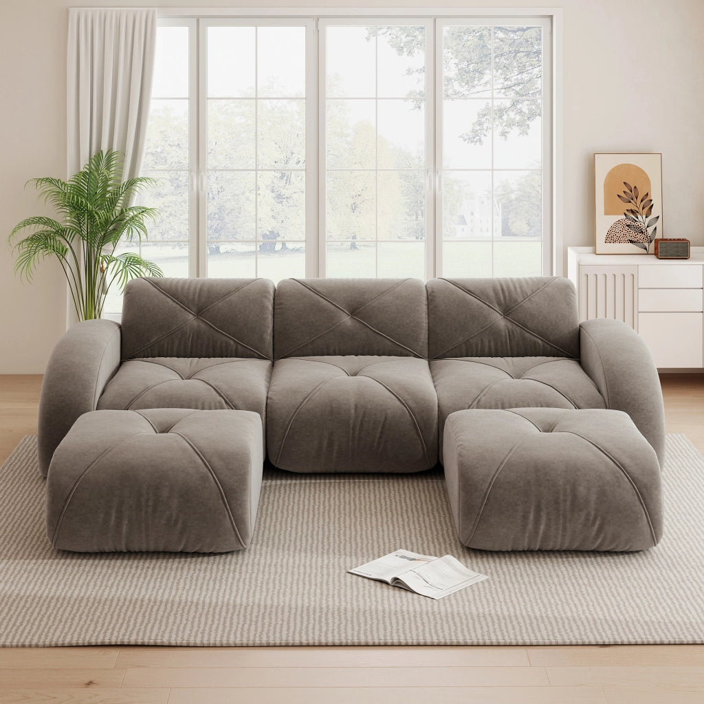 Divano modulare a U 3 posti con 2 pouf in ciniglia taupe HOMVRA