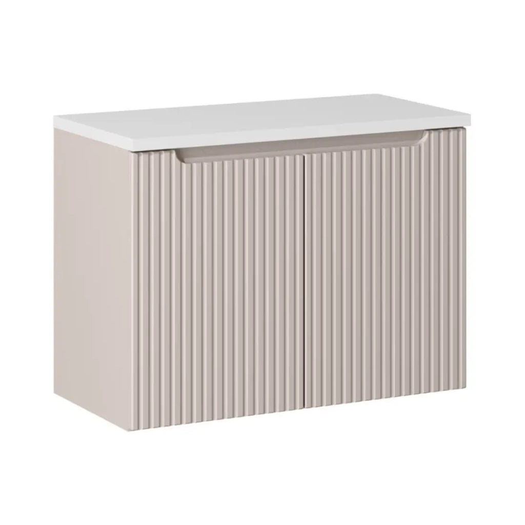 Insieme VANO cachemire e bianco 80cm : mobile sottolavabo con armadietti scanalati verticalmente + piano per lavabo bianco opaco