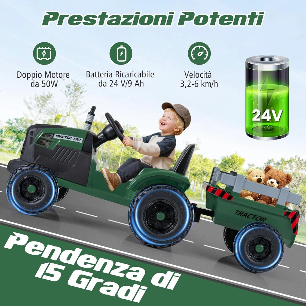 24V Trattore Elettrico per Bambini, Veicolo con Rimorchio Staccabile, Telecomando, Musica, Porta USB, Partenza Morbida, Fari LED, per Bambini 3-8 Anni (Verde)