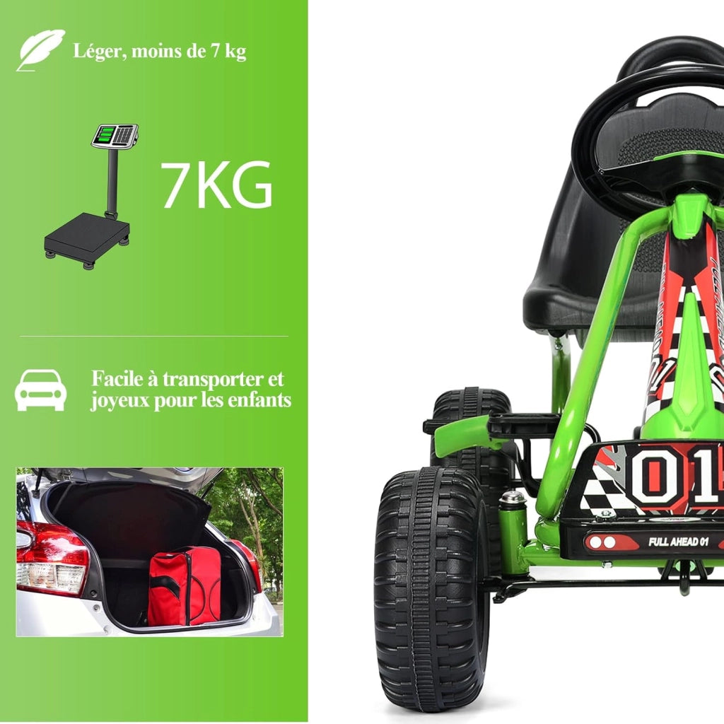 Go Kart a Pedali per Bambini, Macchina per Bambini con Sedili Regolabili in 2 Posizioni e 4 Ruote Antisdrucciolo, Trazione Anteriore e Posteriore, Carico 30 kg, per Bambini di 3 Anni + (Verde)