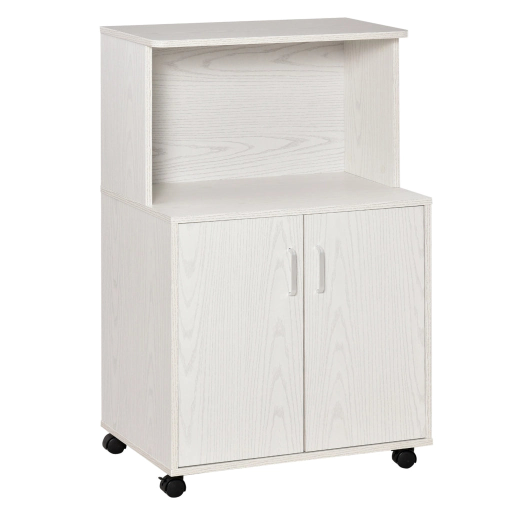 EasyComfort Mobile Cucina Multiuso con Ruote, Armadietto e Ripiano per Microonde, Credenza Alta in Legno Truciolare, 60.4x40.3x97cm Bianco