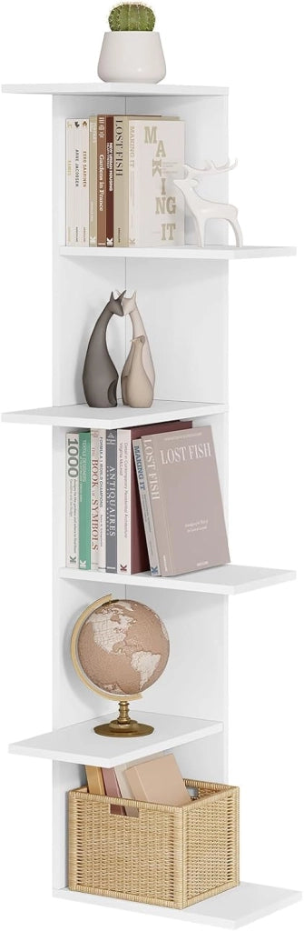 Libreria ad Angolo, Scaffale Bianco a 6 Ripiani Aperti e Sfalsati, Scaffale Portaoggetti per Soggiorno, Camera da Letto, Ingresso, 37x37x140cm