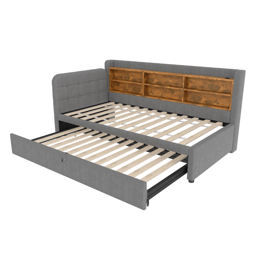 Letto estraibile singolo 90×200 cm con USB; Type-C; testiera con ripiani; senza materasso; lino; grigio