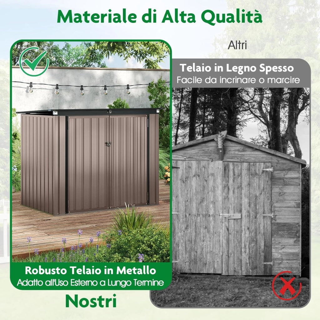 Casetta per Spazzatura Esterna, Capanno da Giardino Bloccabile con Doppie Aperture, 2 Porte e Struttura in Metallo Zincato, Ripostiglio per Patio e Cortile (Grigio Caldo)