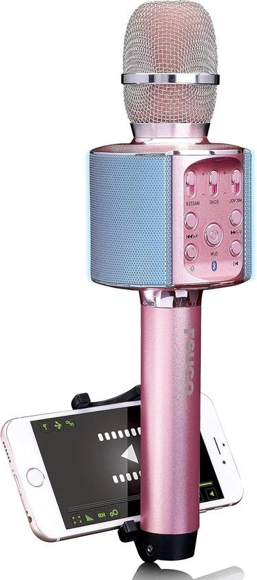 Microfono karaoke con Bluetooth V4.2 e supporto smartphone - 5 watt RMS - effetti di luce LED - batteria integrata 1200mAh - compatibile con Android e iOS - colore rosa