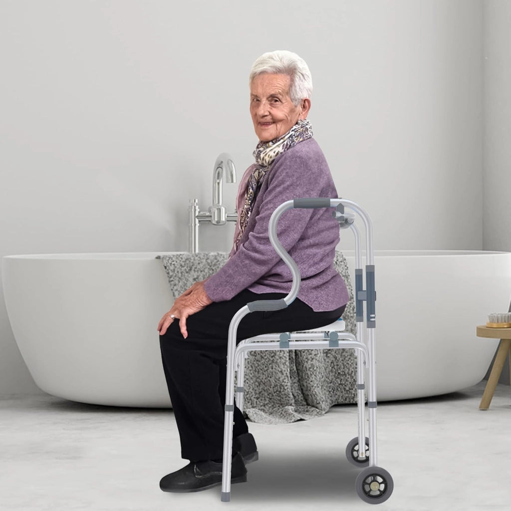 Deambulatore per anziani, regolabile in altezza, pieghevole, con manici, 2 ruote e sedile doccia 3 in 1, supporto per adulti e disabili, portata fino a 180 kg