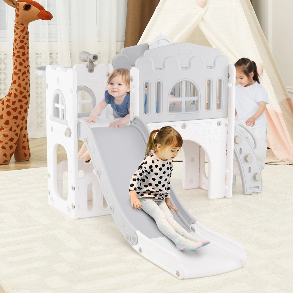 Scivolo per bambini 9 in 1 con canestro da basket e spazio di archiviazione-Scivolo da interno per bambini 1+ anni Bianco e grigio