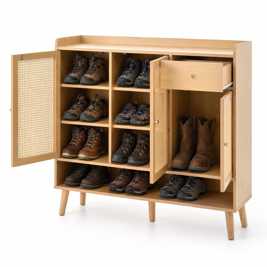 Mobile porta scarpe con 3 ante, 1 cassetto e ripiani, finitura Natural, 120 x 35 x 106 cm