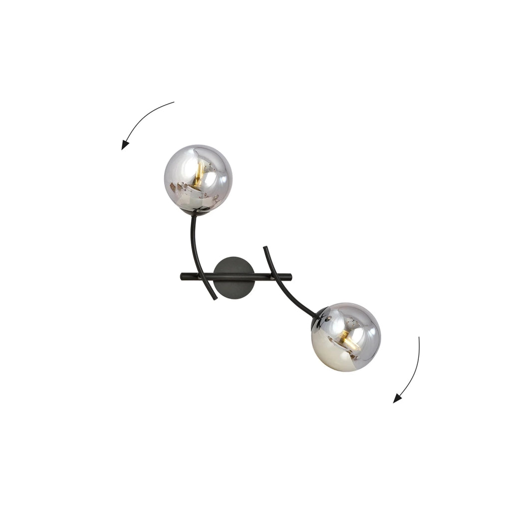 Applique Moderna 2 Luci Oceano In Acciaio Nero Bracci Regolabili E Vetro Fumè