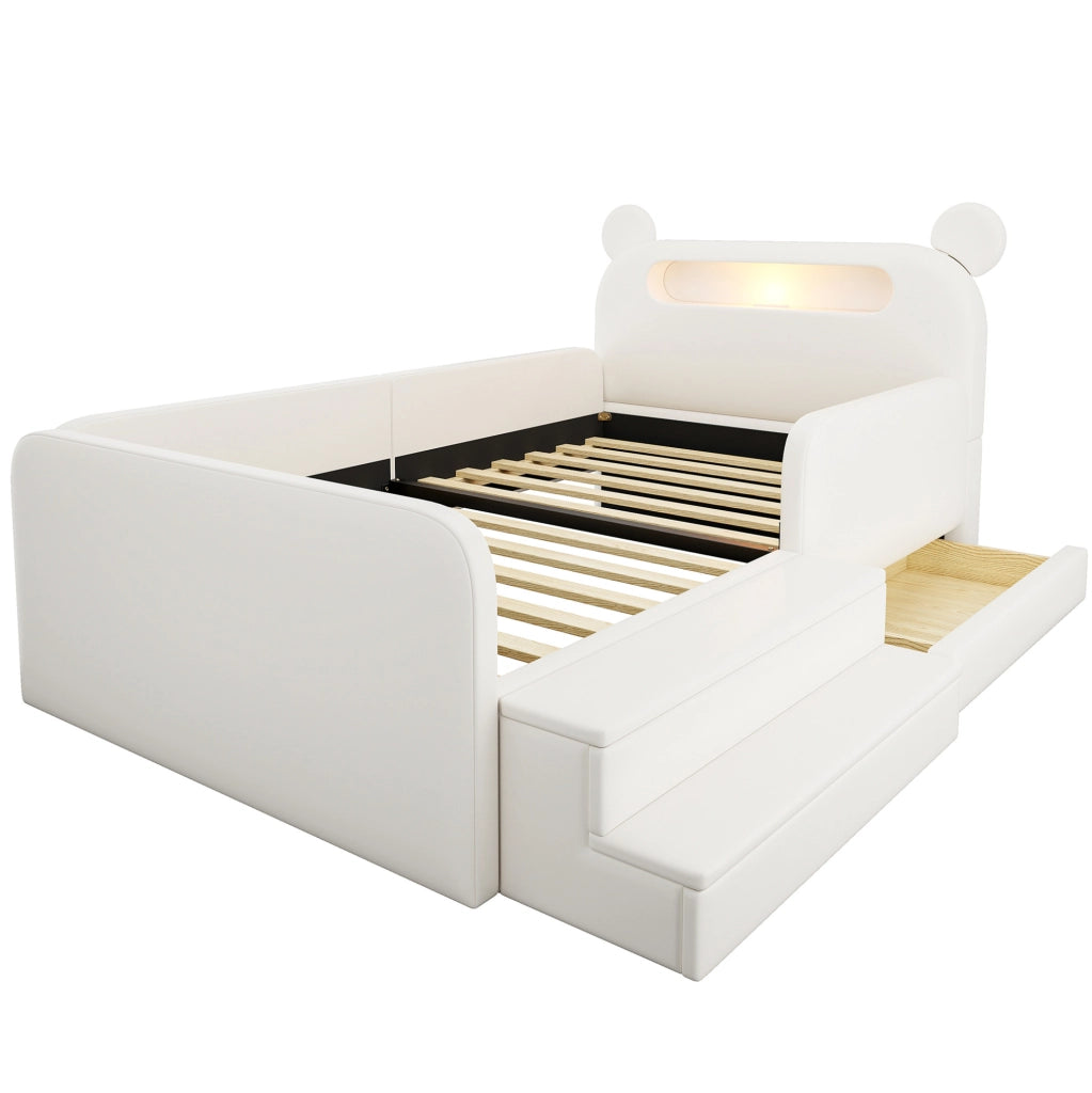 Letto imbottito per bambini 90 x 200 cm con testiera a orsetto; contenitore; luce notturna e USB; bianco