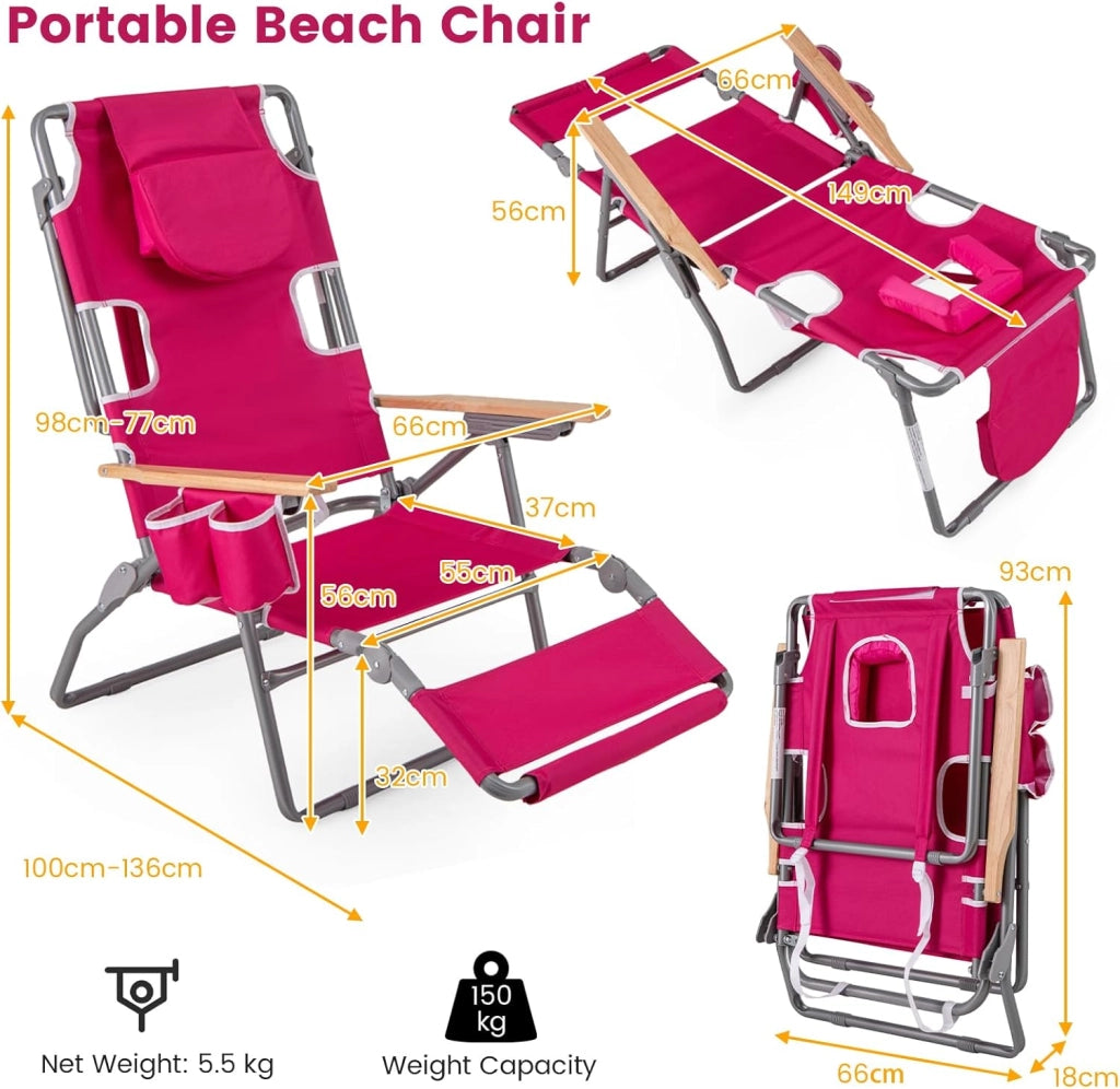 Sedia da spiaggia reclinabile con foro per il viso, sdraio pieghevole con schienale regolabile in 4 posizioni e poggiapiedi a 2 posizioni, lettino da giardino esterno, bagno di sole (rosso)