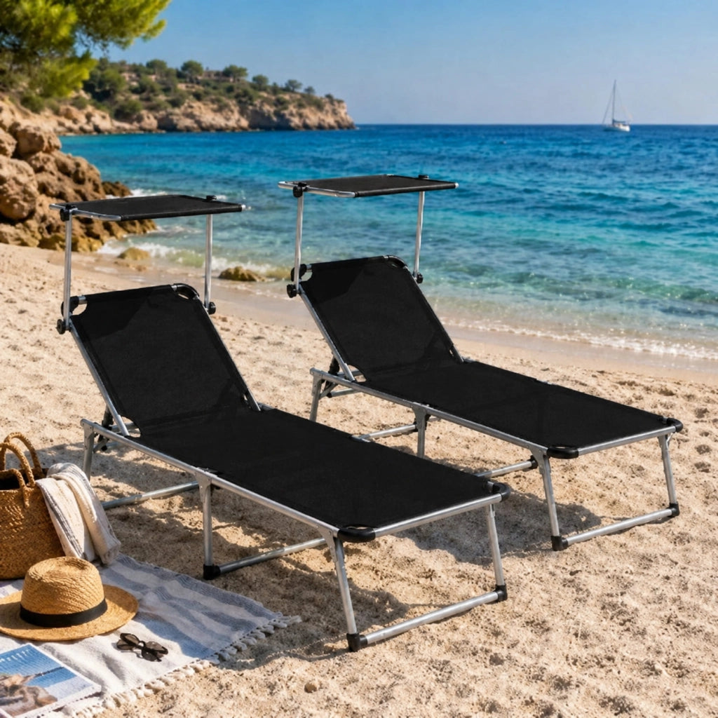 Coppia Di Lettini Pieghevole Prendisole Con Tettuccio Parasole Schienale Reclinabile Regolabile 6 Posizioni Struttura In Alluminio Sedia Sdraio Mare Spiaggia Giardino Piscina Relax 187 x 59 x 29 Cm (Nero)