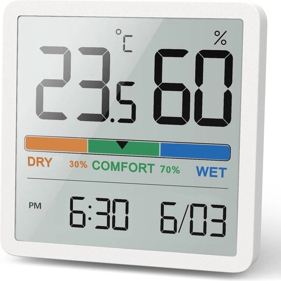 Termometro e Igrometro Digitale per Interni - Misuratore di Temperatura e Umidità con Funzione Oraria e Display LCD Grande