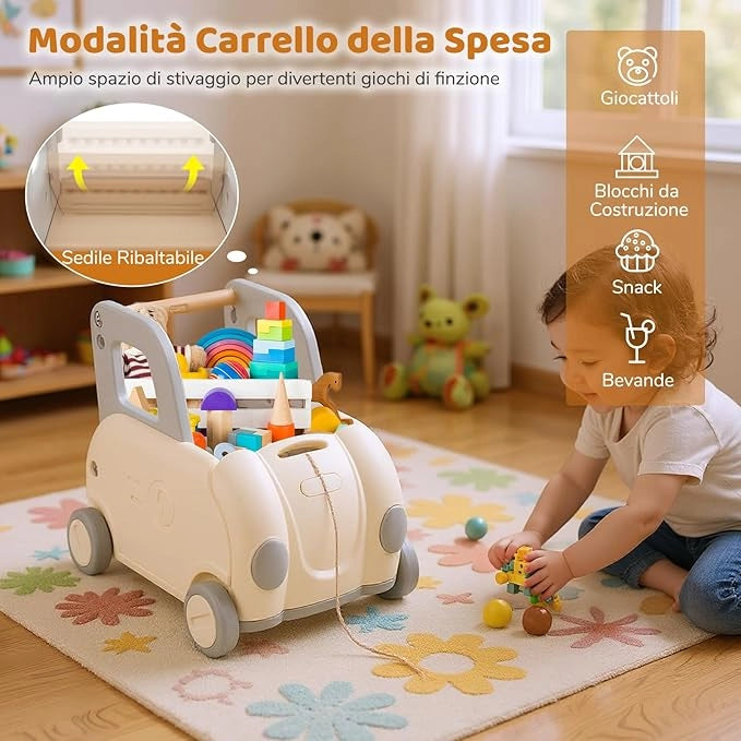 Girello Primi Passi per Bambini, Carrello a Spinta con Contenitore, Sedile Ribaltabile e Ruote, Organizzatore per Giocattolo, per Cavalcare, Camminare e Trainare, per Bambini 18-36 Mesi