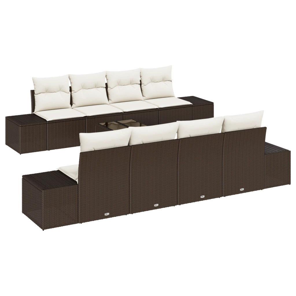 Set Divano da Giardino 9 Pezzi con Cuscini Marrone Polyrattan