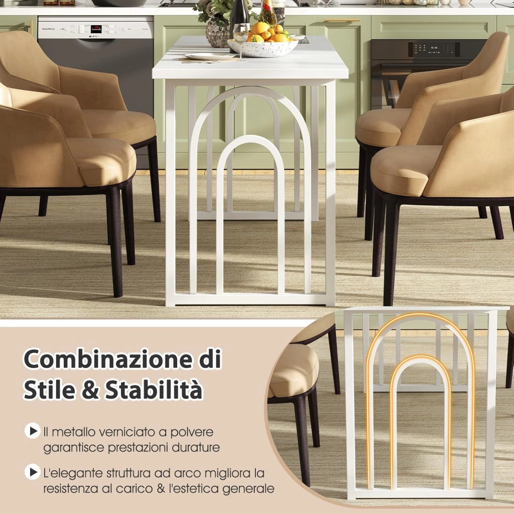 Tavolo da Pranzo, Tavolo Moderno per 6-8 Persone con Piano in Finto Marmo e Gambe in Metallo, Tavolllo Rettangolare da per Sala da Pranzo, Soggiorno e Cucina, 160 x 60 x 76 cm, Bianco