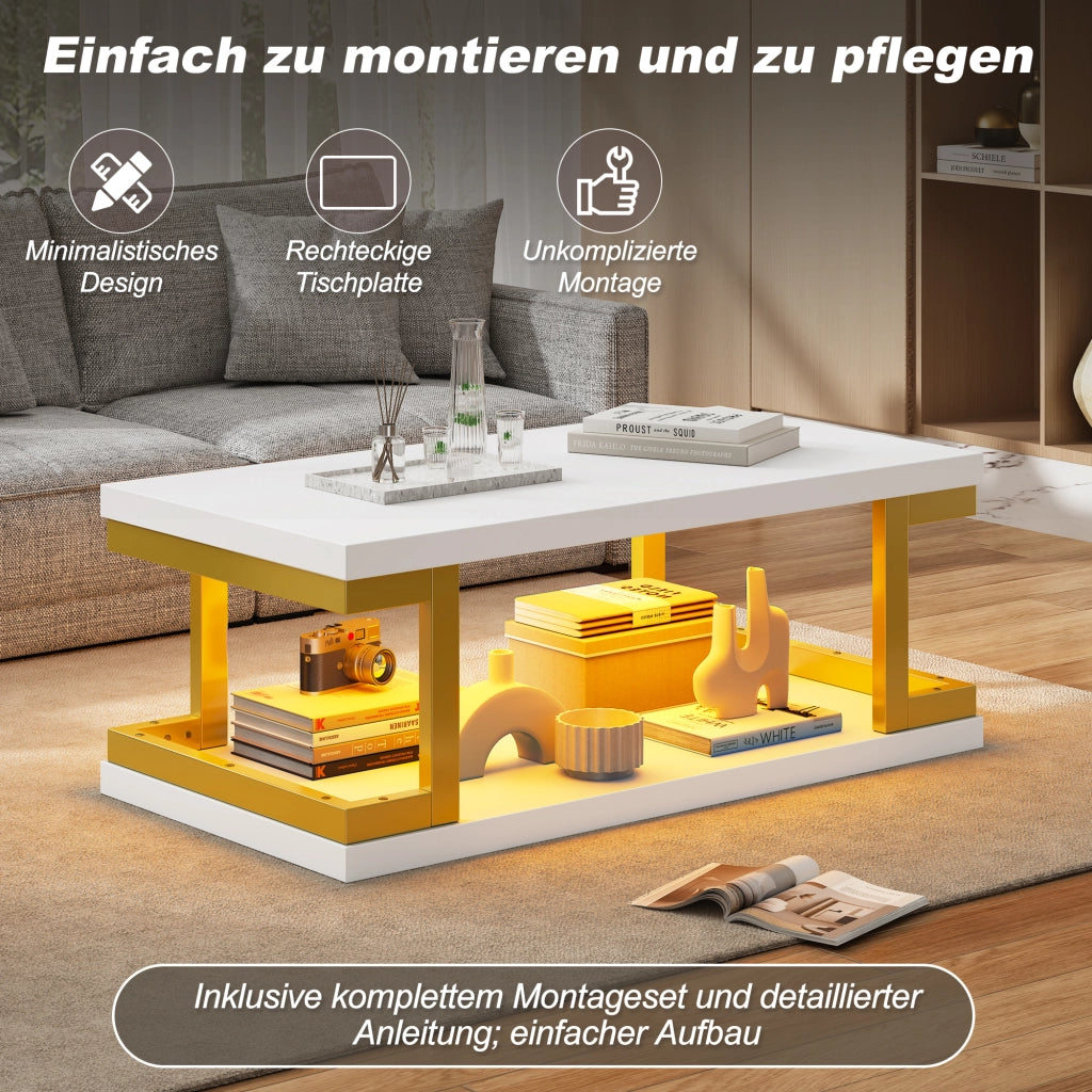 Tavolino basso con LED e 2 ripiani aperti per soggiorno e studio in MDF e metallo bianco e oro 100 × 50 × 37,5 cm