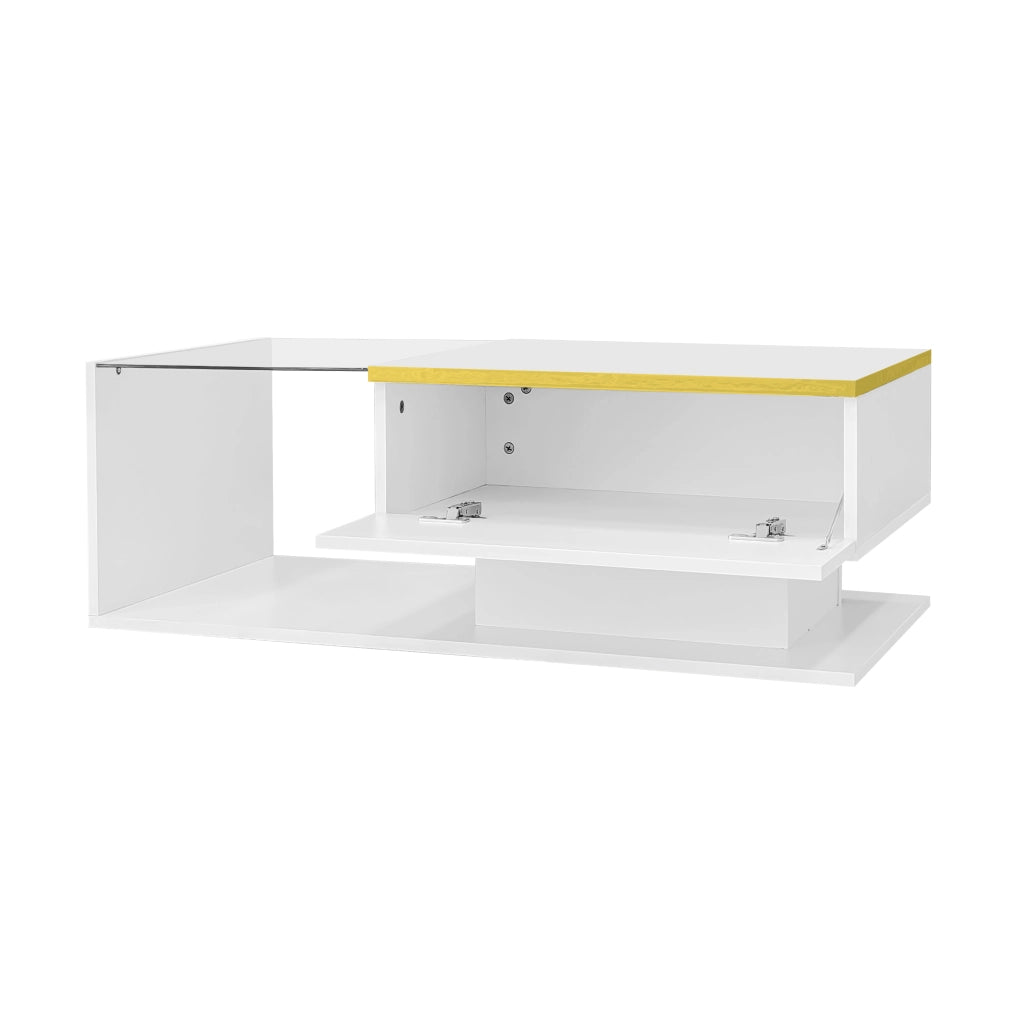 Tavolino da caffè 90x50x32.5 cm; LED dimmerabile con vano contenitore; truciolare e vetro; bianco
