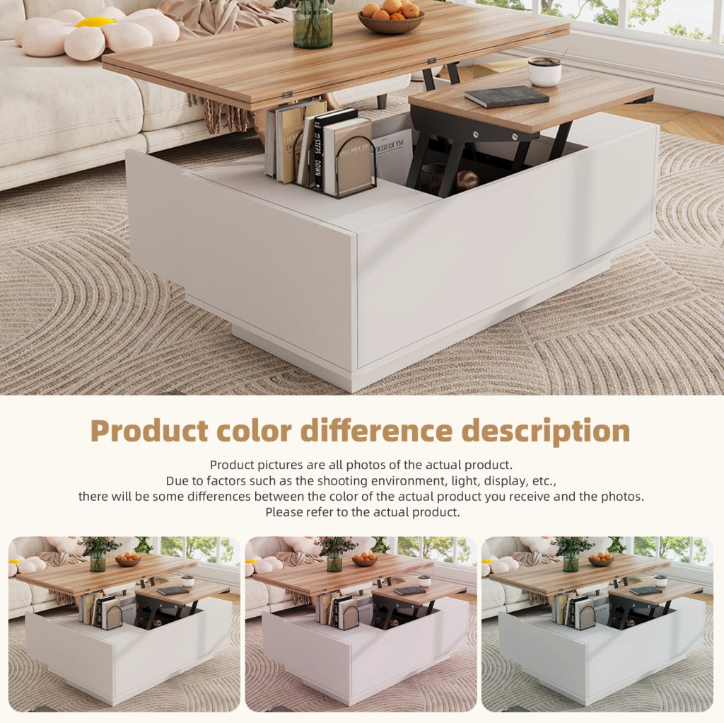 Tavolino da salotto con doppio piano sollevabile e vano contenitore; 100 x 50 x 55;5 cm; bianco e legno