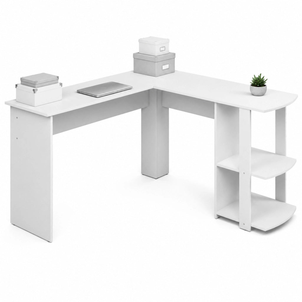 Scrivania angolare a L 140 x 140 cm con ripiano a 2 livelli; bianca