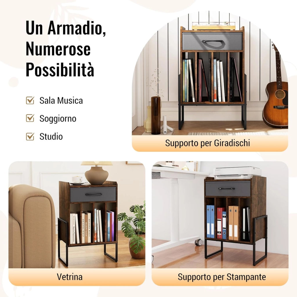 Supporto per Giradischi, Mobile Giradischi in Legno con Cassetto in Tessuto e 4 Scomparti, per fino a 160 Dischi in Vinile, Scaffale per Dischi in Stile Retrò per Soggiorno e Camera da Letto