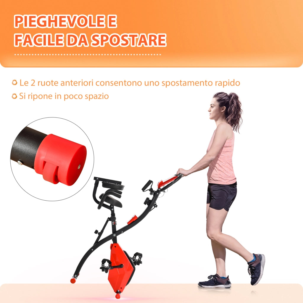 EasyComfort Cyclette Pieghevole 2 in 1, Resistenza Magnetica Regolabile 8 Livelli, Cyclette da Casa Silenziosa con Sensore di Frequenza Cardiaca, Elastici per Braccia, Schermo LCD, Volano 2.5kg, Rosso