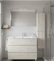 Mobile Bagno BALDER Già Montato 3 cassetti con piedini, lavabo e specchio Bianco nordico 90x45 cm con colonna