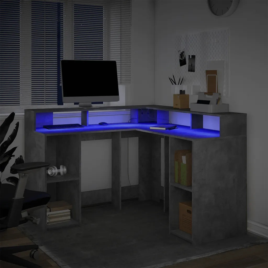 Scrivania con Luci LED Grigio Cemento 130x130x91 cm Multistrato 3309450