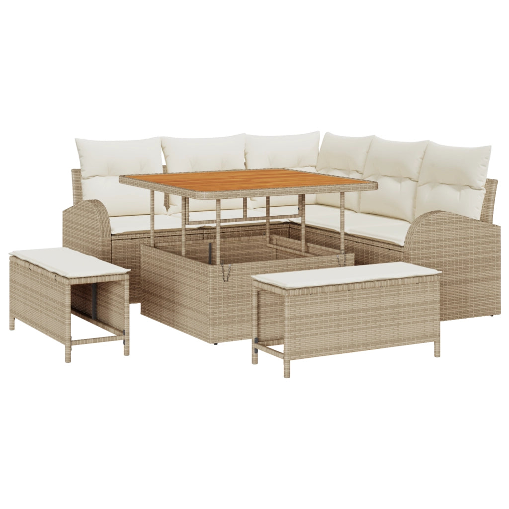 Set di Divani da Giardino 8 Pezzi con Cuscini Beige Polyrattan Acacia