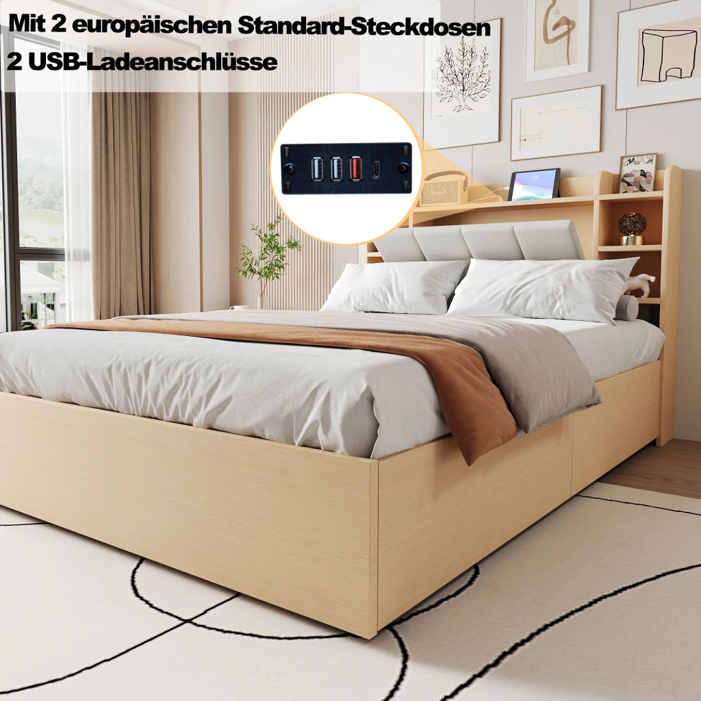 Letto Singolo 140 x 200 cm; Contenitore Idraulico; USB e Type-C; in MDF; Legno Naturale