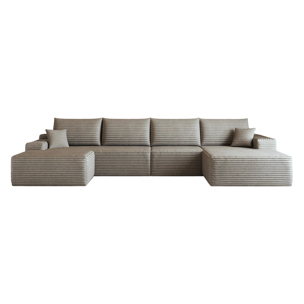 Divano angolare modulare - con chaise longue - in tessuto a coste - camel - 270 × 175 × 83 cm
