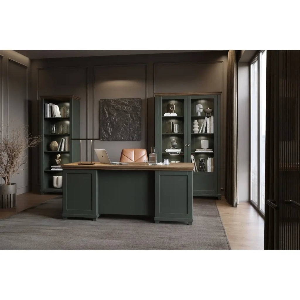 Scrivania ASSIA 180 cm verde scuro e legno - Cassetti, nicchie e vano di archiviazione - Eleganza senza tempo