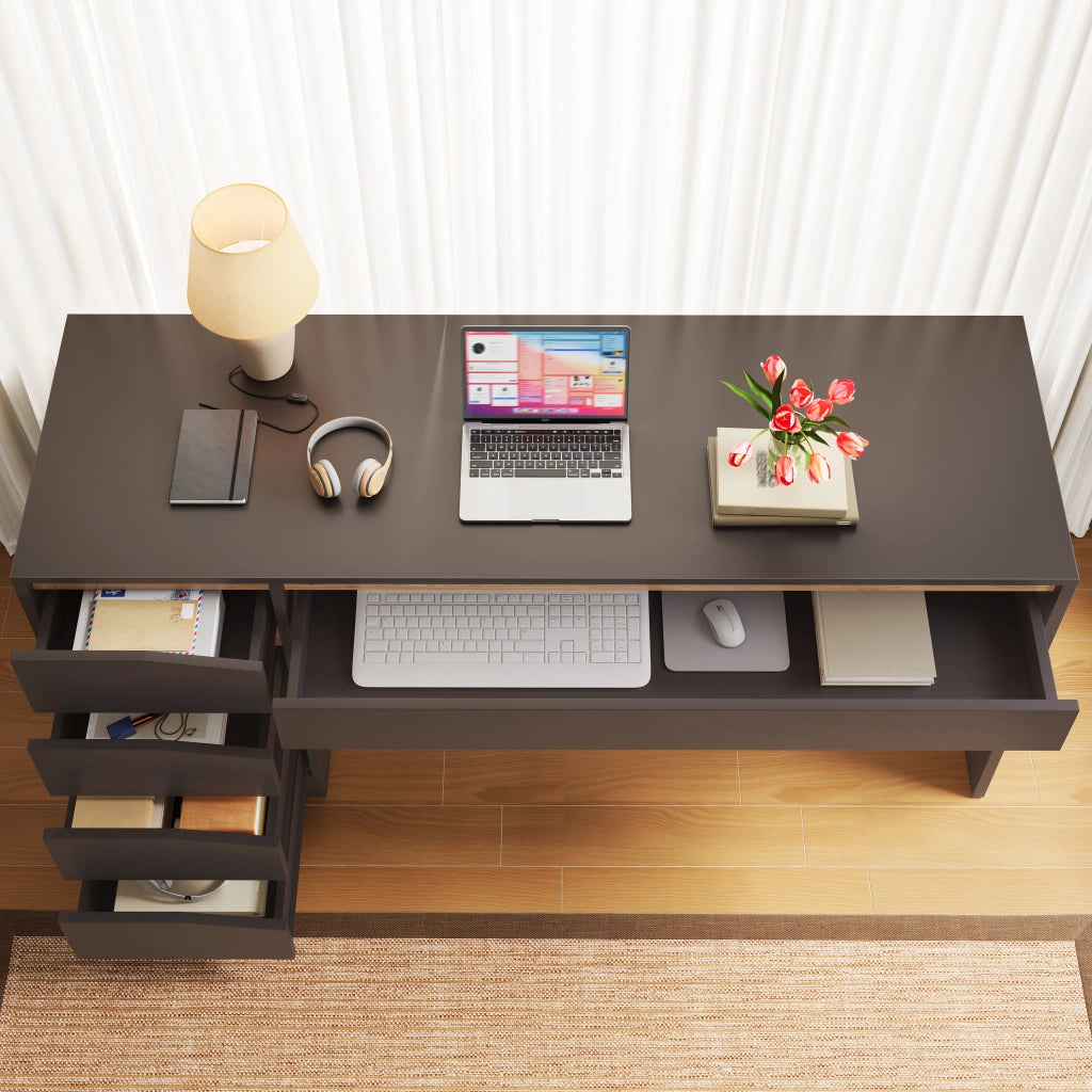 Scrivania dritta con 5 cassetti e piano ampio, grigio e rovere, per studio e camera, MDF, 140 × 50 × 78 cm