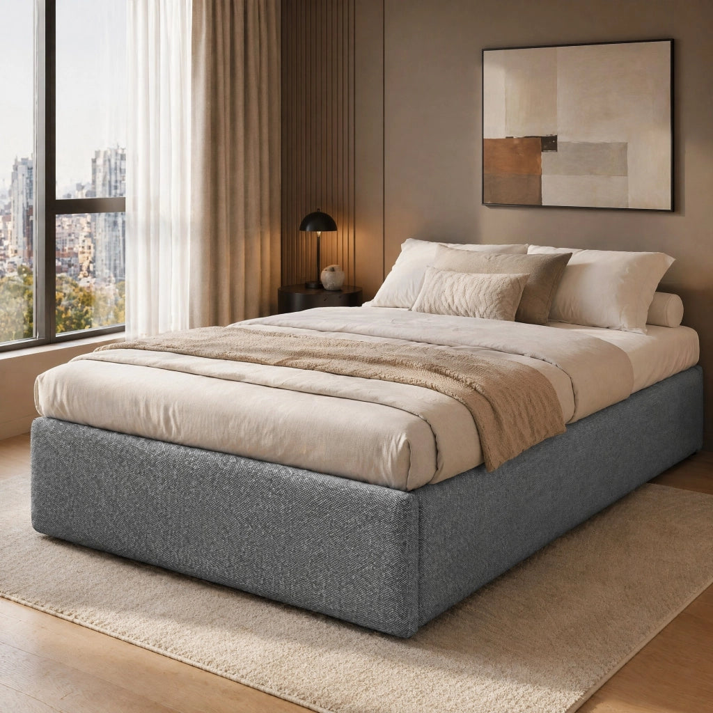 Letto imbottito 90x200 cm con contenitore e cassetto, grigio