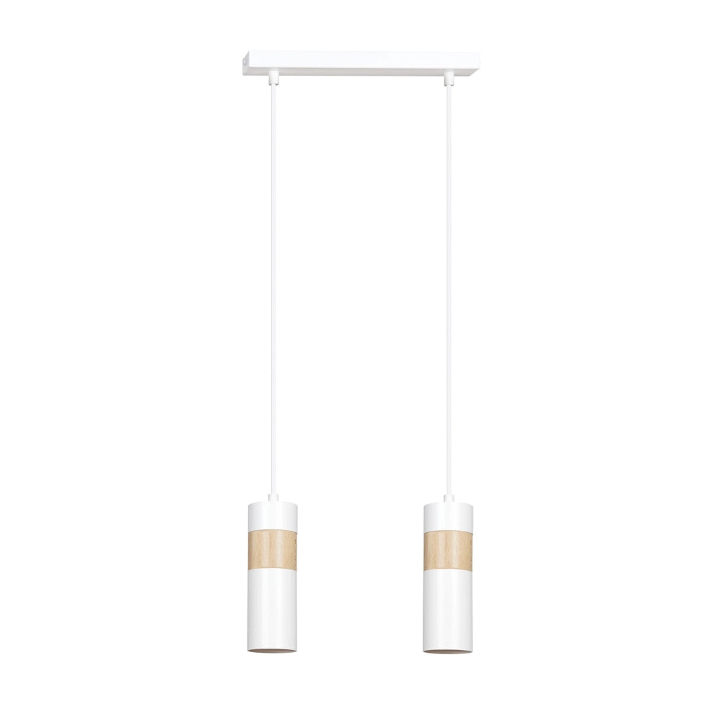 Lampadario 2 Luci Change In Acciaio Bianco A Cilindro Con Legno Naturale