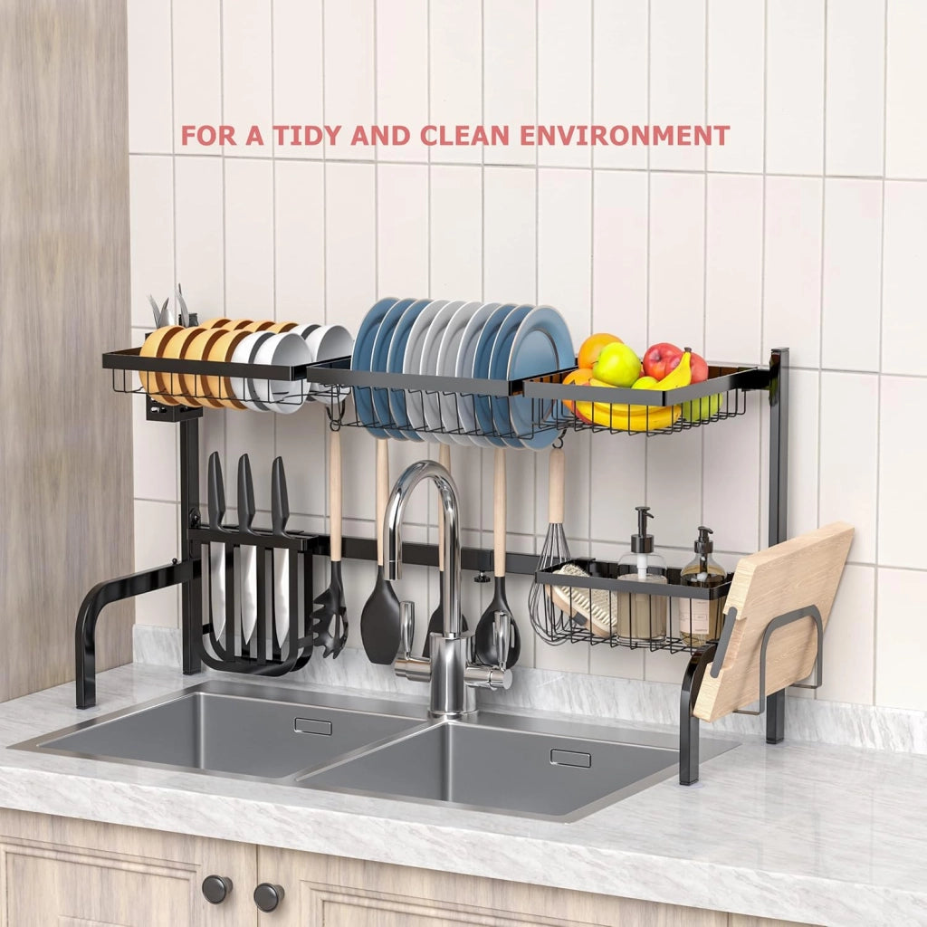 Scolapiatti da Appoggio Sopra Lavandino 98,5 x 53,2 x 33 cm, Scolapiatti da Lavello da Cucina con Lunghezza Regolabile, Scola Piatti con Cestini, Porta Tagliere e Ganci, 2 Livelli, Nero