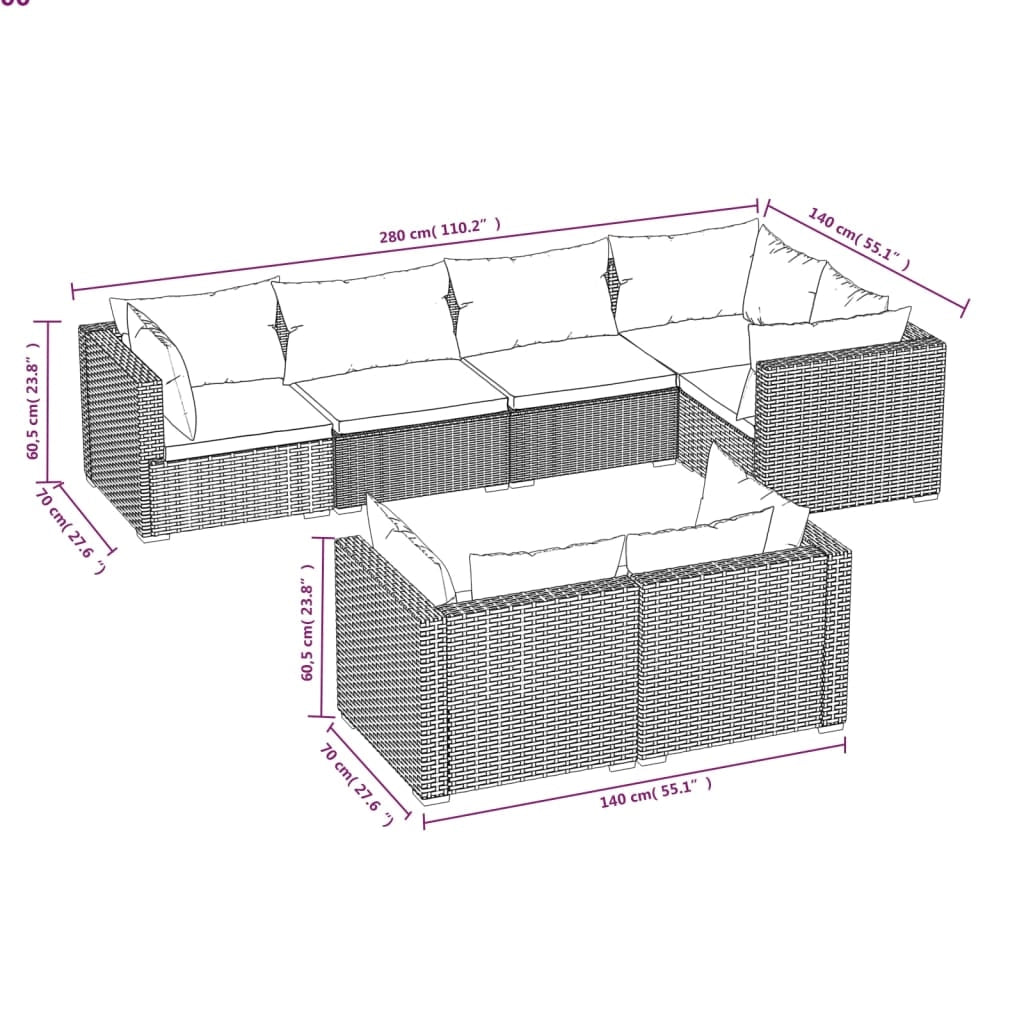 Set di mobili da giardino mobili da esterno 7 pezzi con cuscini resina intrecciata nera 02_0017262