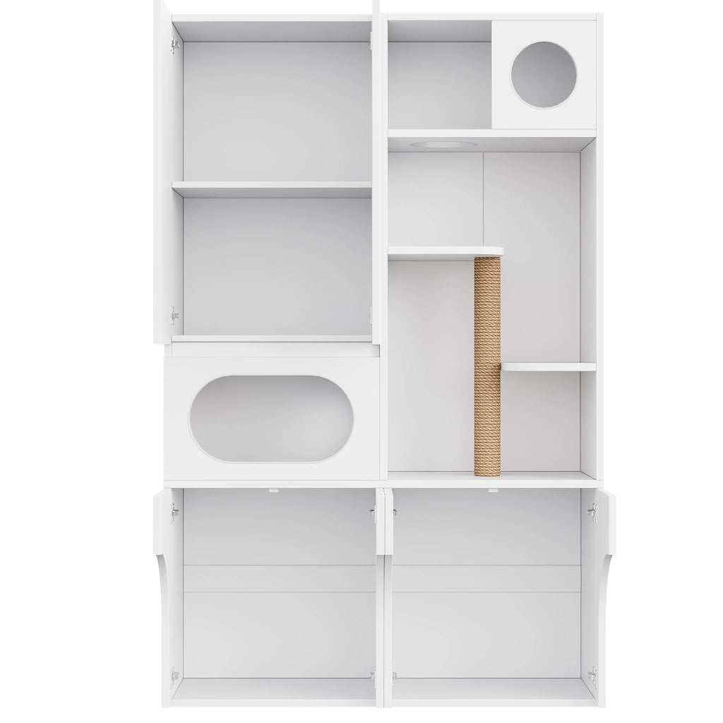Mobile coperto per lettiera per gatti con tiragraffi e ripiani, per gatti e cani, in MDF, bianco, 140 × 45 × 195 cm