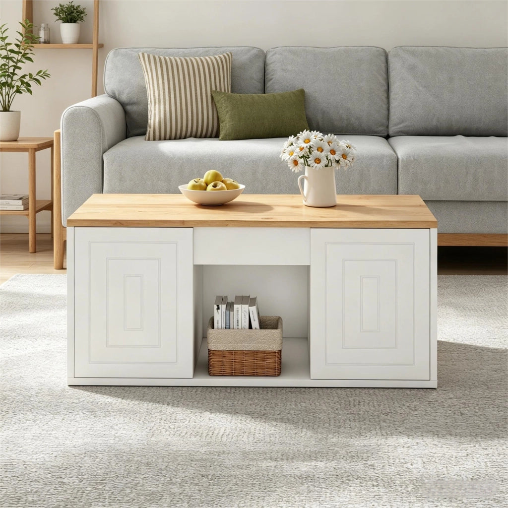 Tavolino da salotto con piano regolabile in altezza, tavolino a due ante, finitura effetto legno, bianco e color legno naturale