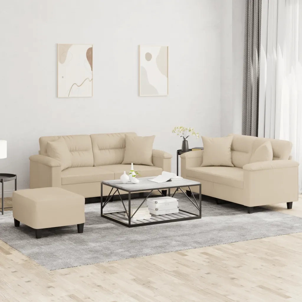 Set Divani 3 pz con Cuscini Crema in Tessuto Microfibra 3202336