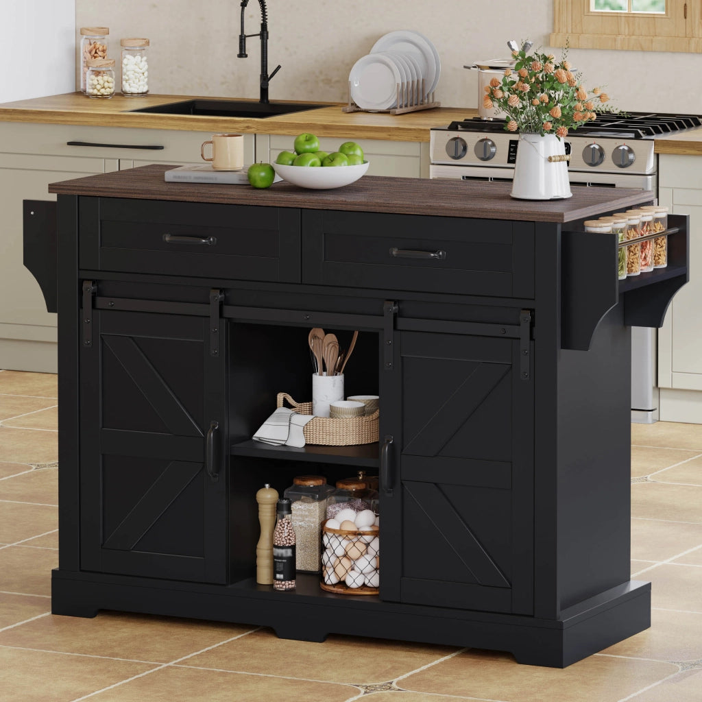 Carrello da Cucina con 2 Ante Scorrevoli; 2 Cassetti; Piano Ribaltabile e Ripiani Regolabili in MDF 120x45x91 cm Nero