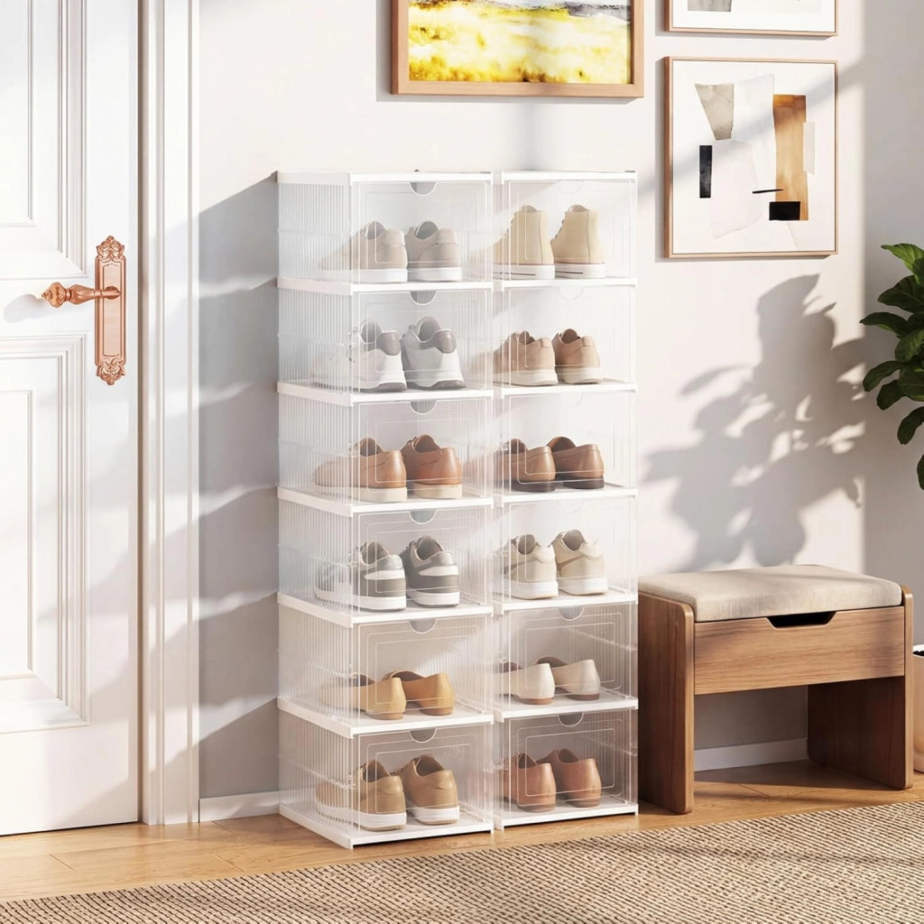 Scatole per Scarpe, Set di 2 Organizzatore per Scarpe a 6 Livelli, Scatole Pieghevoli in Plastica con Porta Frontale a Ribalta, Scarpiera Salvaspazio per Ingresso e Soggiorno