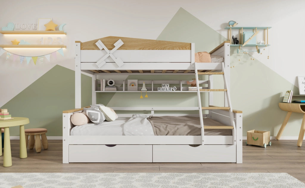 DESMIU Letto a castello bambino 3 posti 90 × 200 cm e 140 × 200 cm con ripiani e 2 cassetti, senza materasso, bianco e naturale