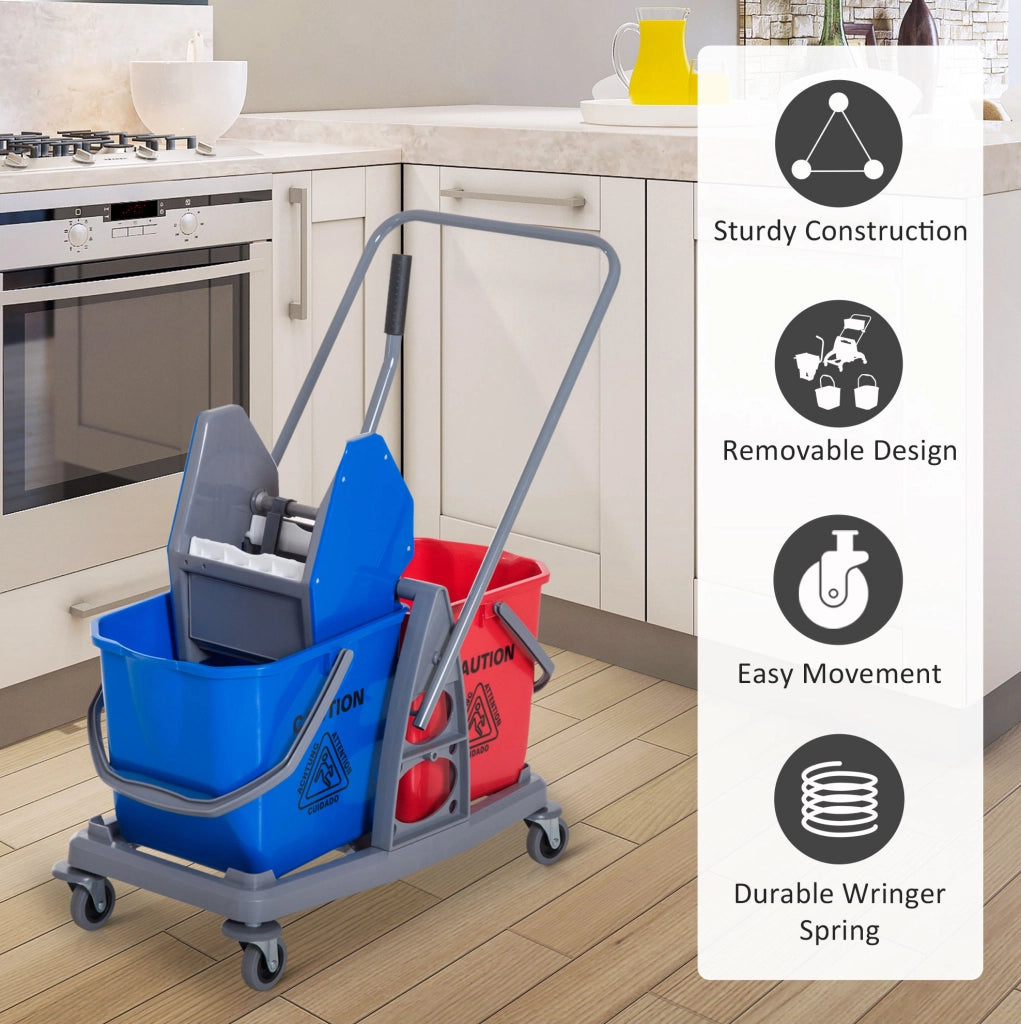 Carrello per pulizie ULEVR 73x45x92 cm con 2 secchi, strizzatore e 4 ruote, blu