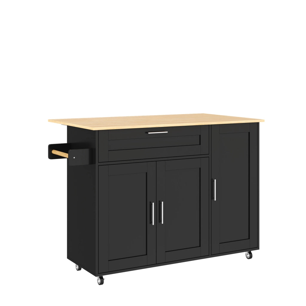 Carrello Isola da Cucina 132;5x44/70x90 cm Nero con Piano Ribaltabile; Armadietti e 5 Ruote