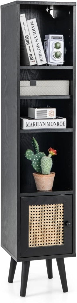 Libreria Scaffale con Anta in Rattan Naturale, Scaffale Legno in Stile Boho con 3 Ripiani Regolabili in 12 Posizioni, per Soggiorno Cucina e Camera da Letto, 29,5 x 29,5 x 137 cm (Nero)
