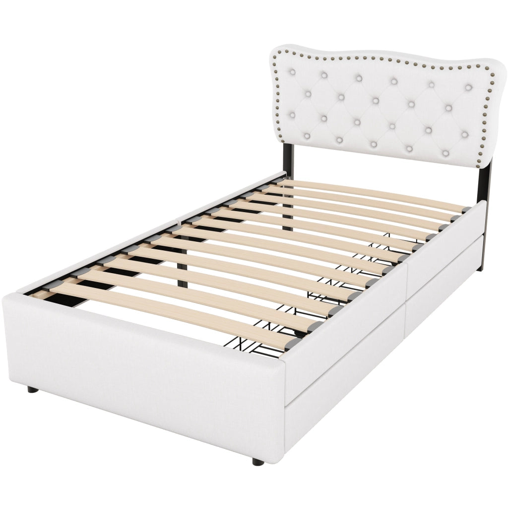 Letto imbottito 90x200 cm con cassetti; bottoni decorativi; MDF; beige chiaro