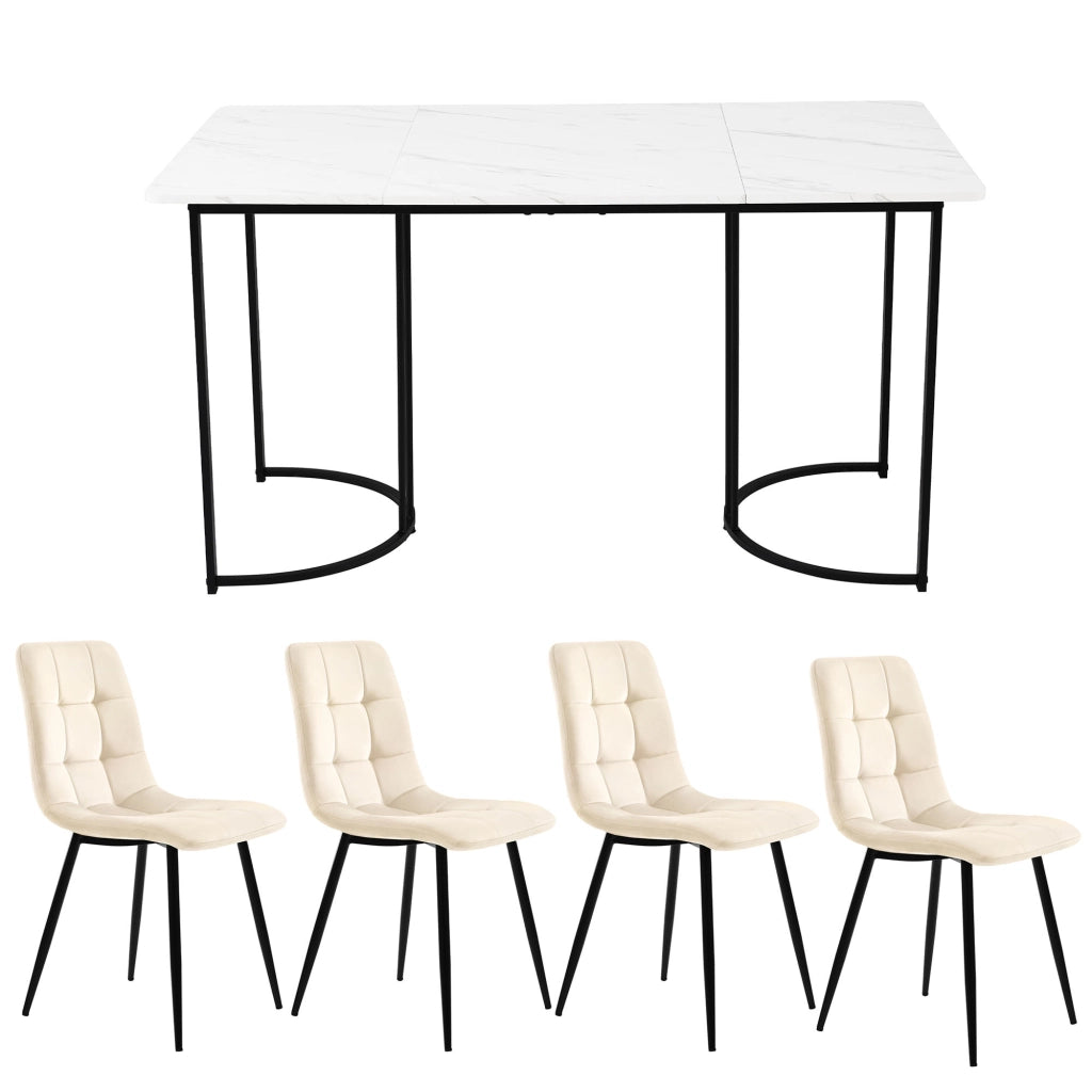 Tavolo da pranzo con 4 sedie in velluto, piano in MDF effetto marmo, struttura in metallo, per cucina e sala da pranzo
