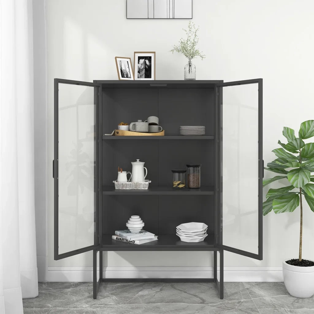 Credenza Alta Antracite 80x35x135 cm Acciaio e Vetro Temperato 335885