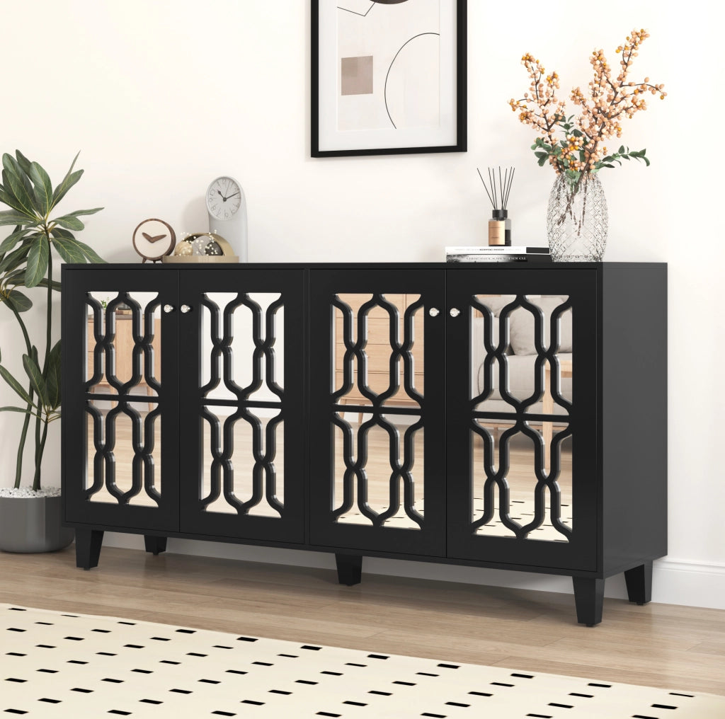Credenza 160x40x84 cm con 4 ante; ripiani interni mobili; MDF nero